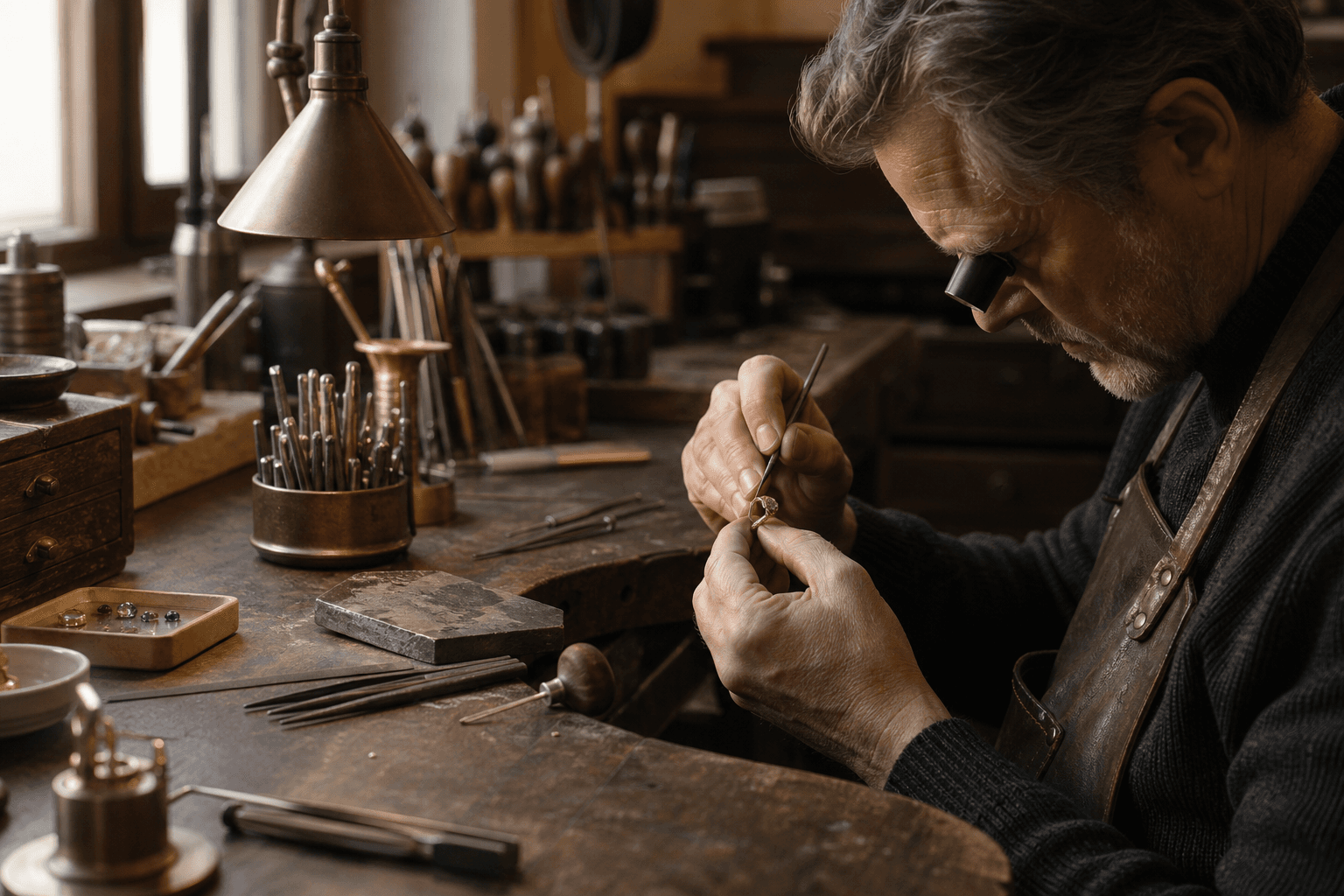 An experienced jeweller setting a ring by hand at a traditional workshop bench